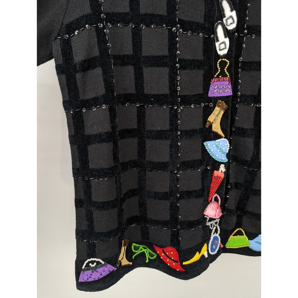 Vintage 90s Shopping Lover Shoe Purse Cardigan Size M Black Beaded Novelty Retro - Picture 2 of 8